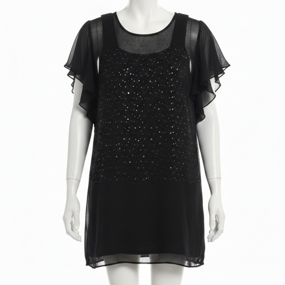 Bob Mackie Wearable Art Black Rhinestone Sparkle Layered Sheer Flutter Sleeve